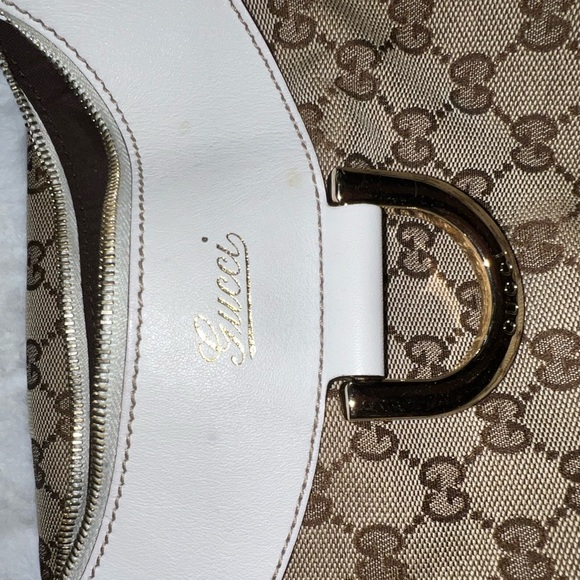 GUCCI Vintage Gg Logo Monogram Handbag Beige White Silver Canvas Leather - Picture 6 of 8